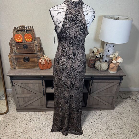 VTG Gunne Sax Jessica McClintock Y2K Glitter Leopard Halter Maxi Dress Jr Sz 9 - Picture 5 of 9